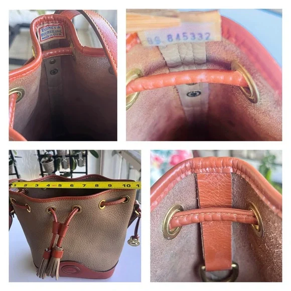 VINTAGE DOONEY AND BOURKE CROSSBODY BUCKET SAND AND TAN TRIM DRAWSTRING - Picture 13 of 15